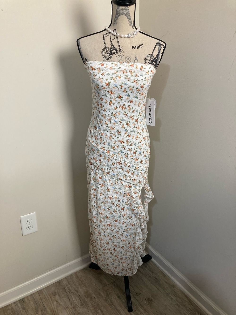 J for Justify White Strapless Floral Lace Ruffle Maxi Dress